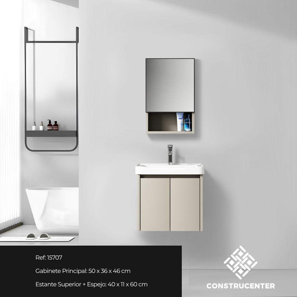 Mueble de baño flotante de 50 cm color caqui con lavamanos, espejo fijo y estante inferior