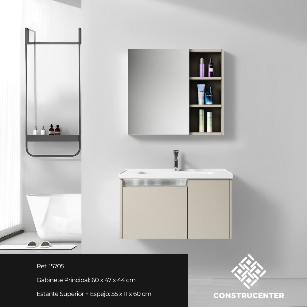 Mueble de baño flotante de 60 cm en color caqui con lavamanos, espejo y estantería
