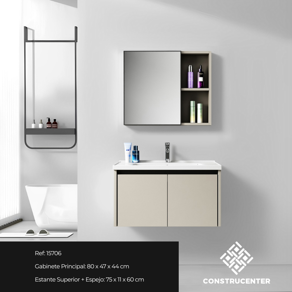 Mueble de baño flotante de 80 cm en color caqui con lavamanos, espejo fijo y estante integrado