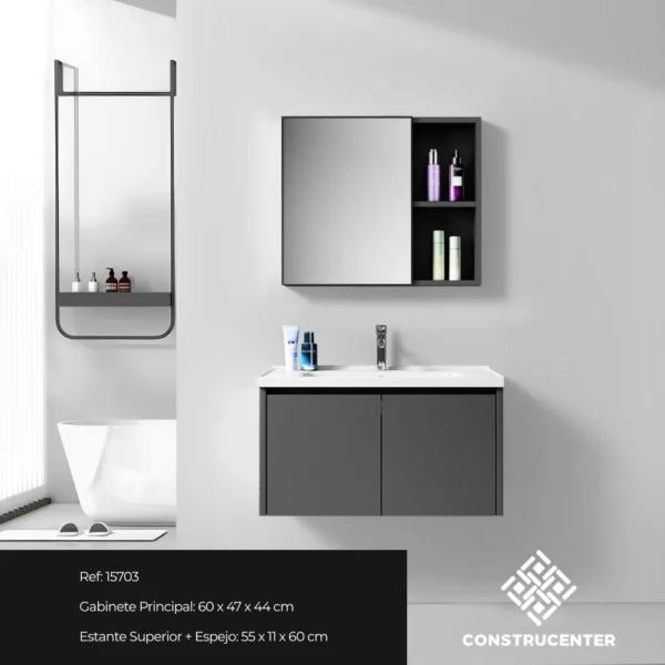 Mueble de baño suspendido en PVC gris oscuro con espejo y estante superior