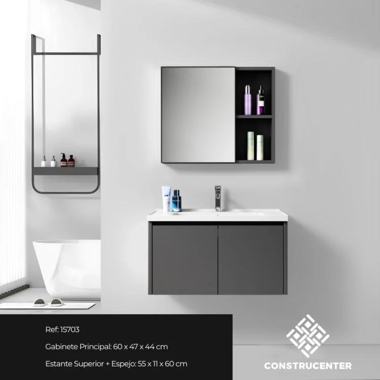 Mueble de baño suspendido en PVC gris oscuro con espejo y estante superior