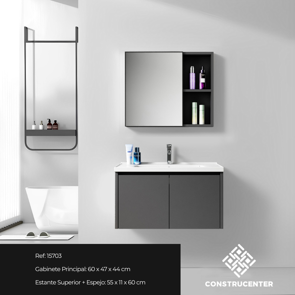 Mueble de baño suspendido en PVC gris oscuro con espejo y estante superior