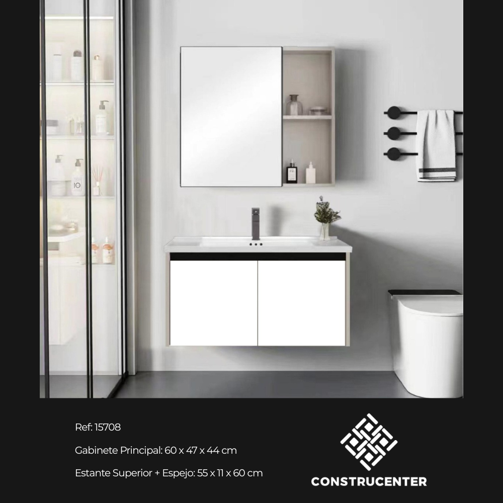 Mueble de baño flotante de 60 cm blanco con lavamanos, espejo fijo y estante lateral