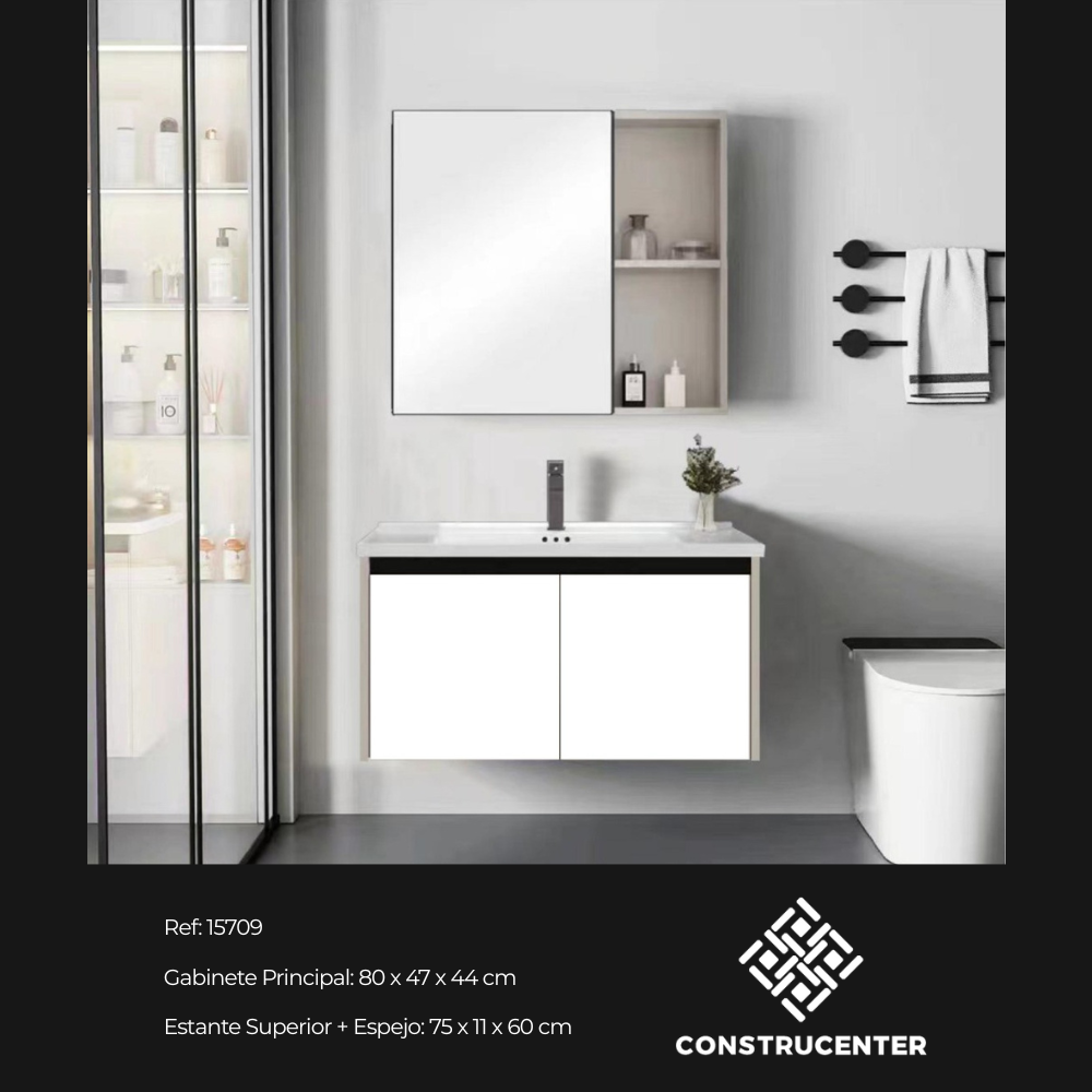 Mueble de baño blanco flotante de 80 cm con lavamanos, espejo y estante lateral