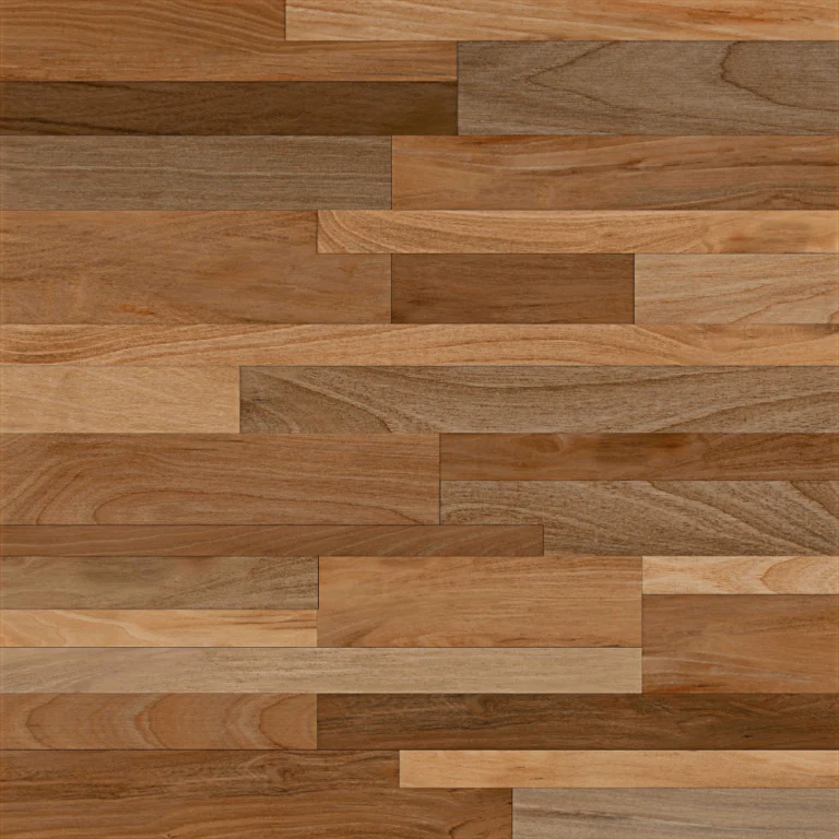 Piso cerámico esmaltado Lucca 60x60 con diseño de listones de madera tipo listones en tonos café y acabado brillante.