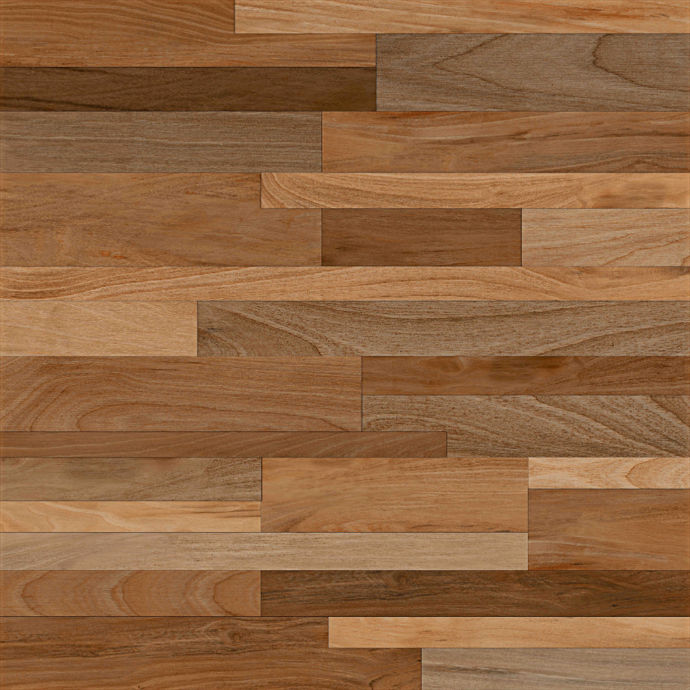 Piso cerámico esmaltado Lucca 60x60 con diseño de listones de madera tipo listones en tonos café y acabado brillante.